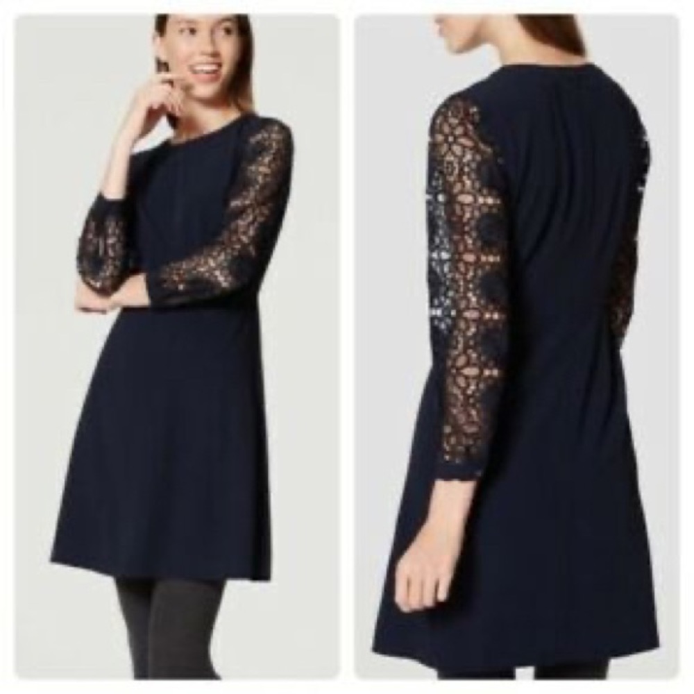 Loft Navy Shift Dress with Lace Sleeves